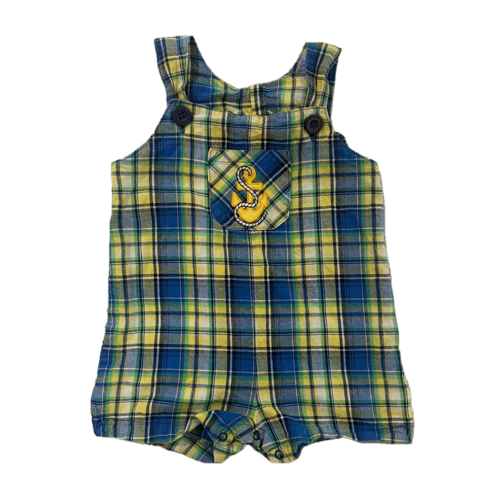 Vintage Kids Boys Plaid Maritime Nautical Anchor Embroidered Overalls Size 9M
